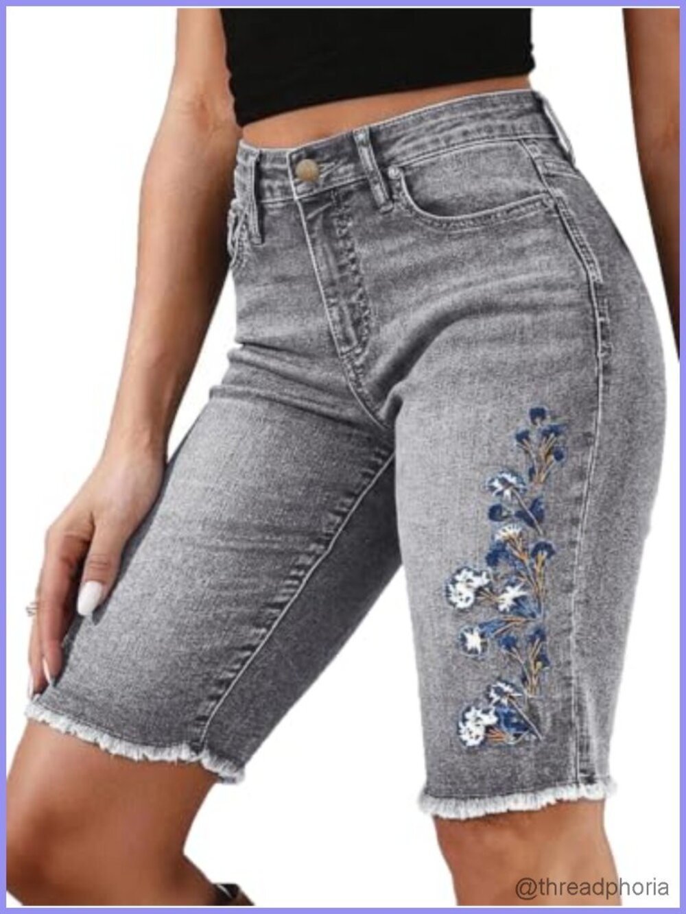 High Waisted Denim Bermuda Shorts with Pockets Medium Stretch Cotton Women